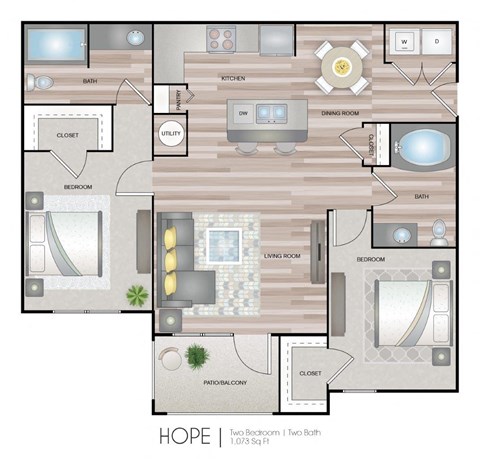 Floor plan for 2 beds, 2 baths, 1073 sqft